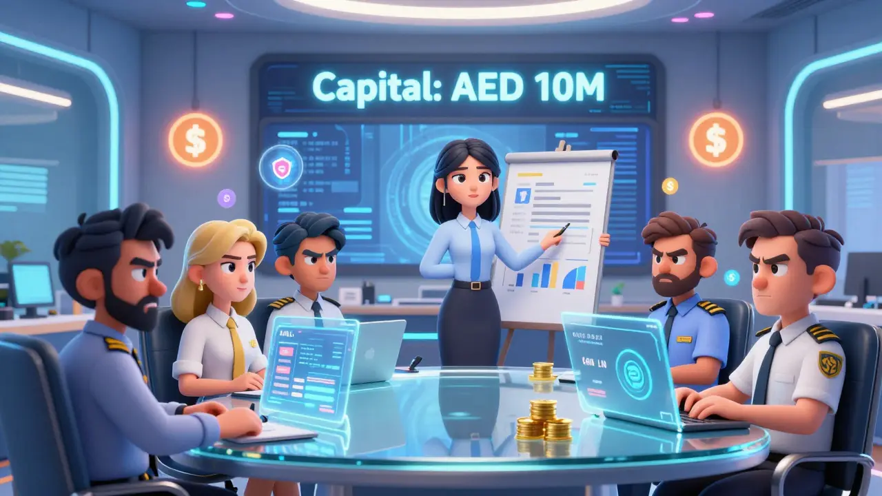 A CEO presents a business plan to VARA regulators in a high-tech office with holographic compliance displays.