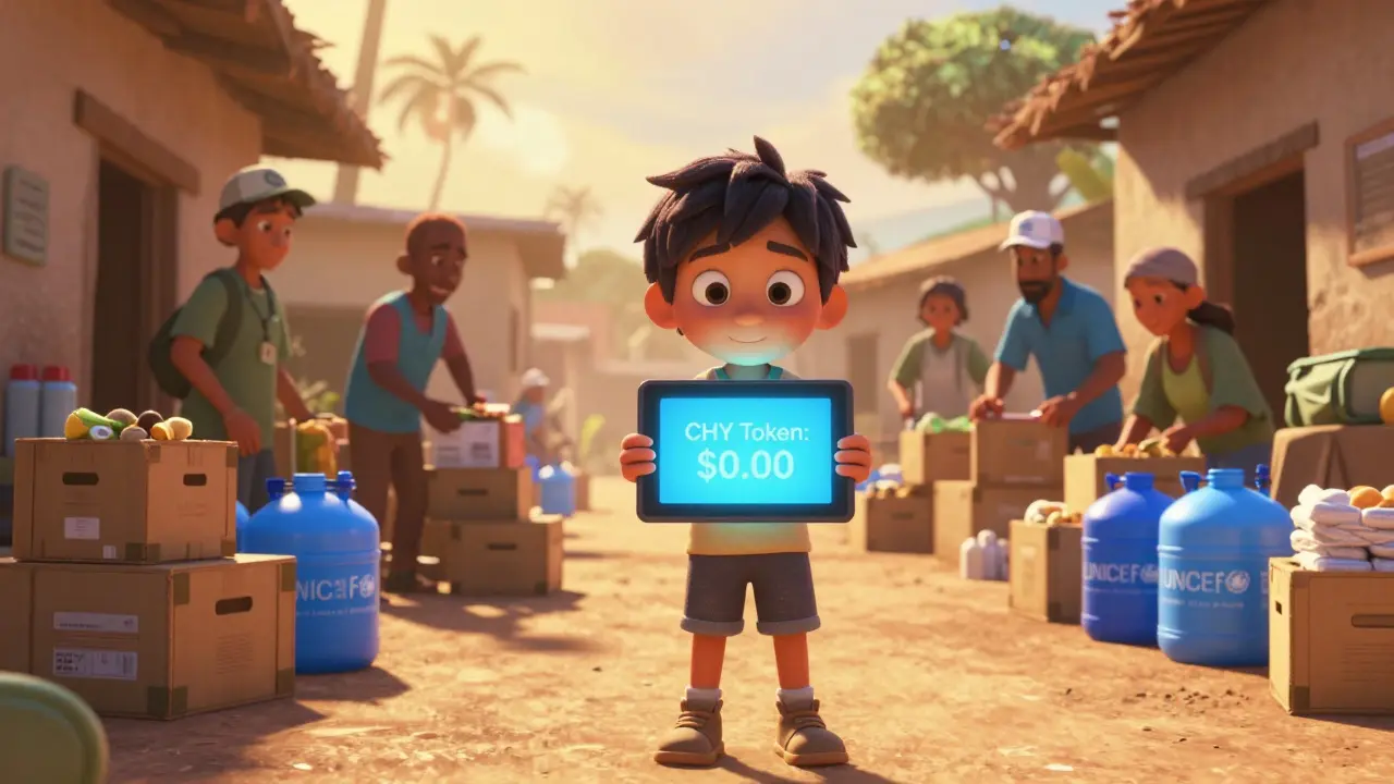A child holds a tablet showing '<h2>Is This a Scam?</h2>.00 CHY' while real aid arrives nearby in a village.