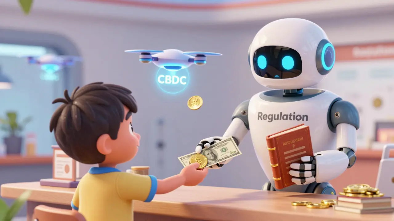 A child trades a stablecoin with a shopkeeper as digital currency drones fly by in a hopeful hybrid future.