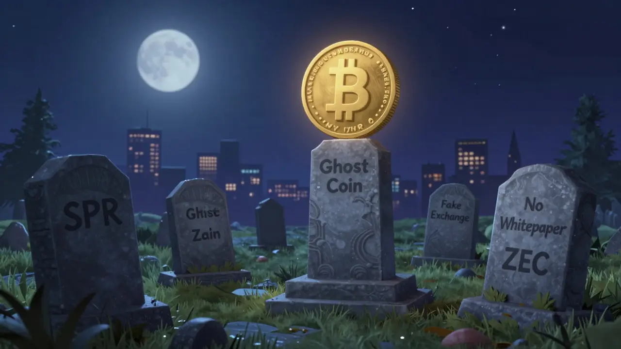 A crypto graveyard with SPR tombstones, contrasted by glowing Monero and Zcash coins under starlight.