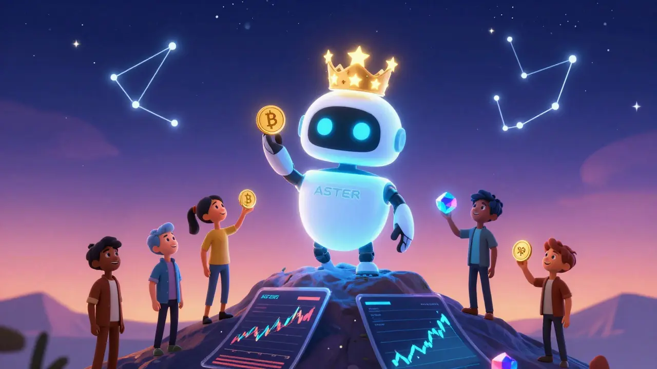 A friendly ASTER token robot handing out airdrop coins to diverse users under a starry sky shaped like trading pairs.