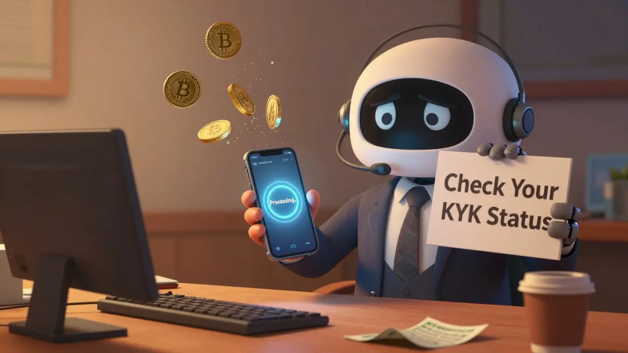 A frustrated trader watches crypto coins turn to dust while a chatbot repeats a useless message.