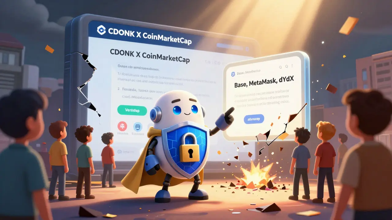 A heroic crypto guardian protecting users from a collapsing fake website, pointing toward real airdrops like Base and MetaMask.