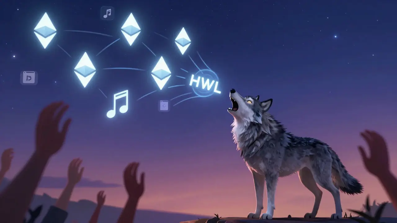 A lone wolf's howl turns into HWL tokens that ripple through the blockchain sky, connecting community members.