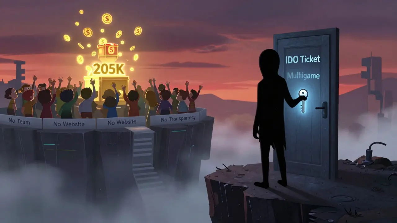 A mysterious figure holds a key to a locked door labeled 'IDO Ticket' in a digital landscape.