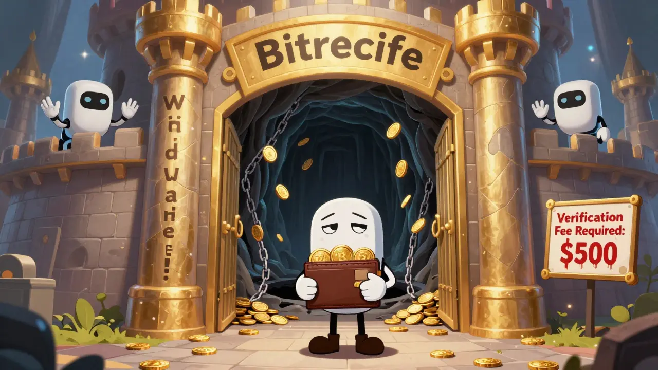 A person at a castle entrance labeled 'Bitrecife' with coins being dragged into a dark pit behind golden gates.