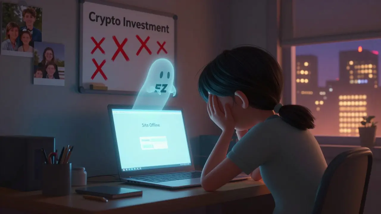 A person devastated after losing crypto to a scam, with the fake exchange haunting their screen.