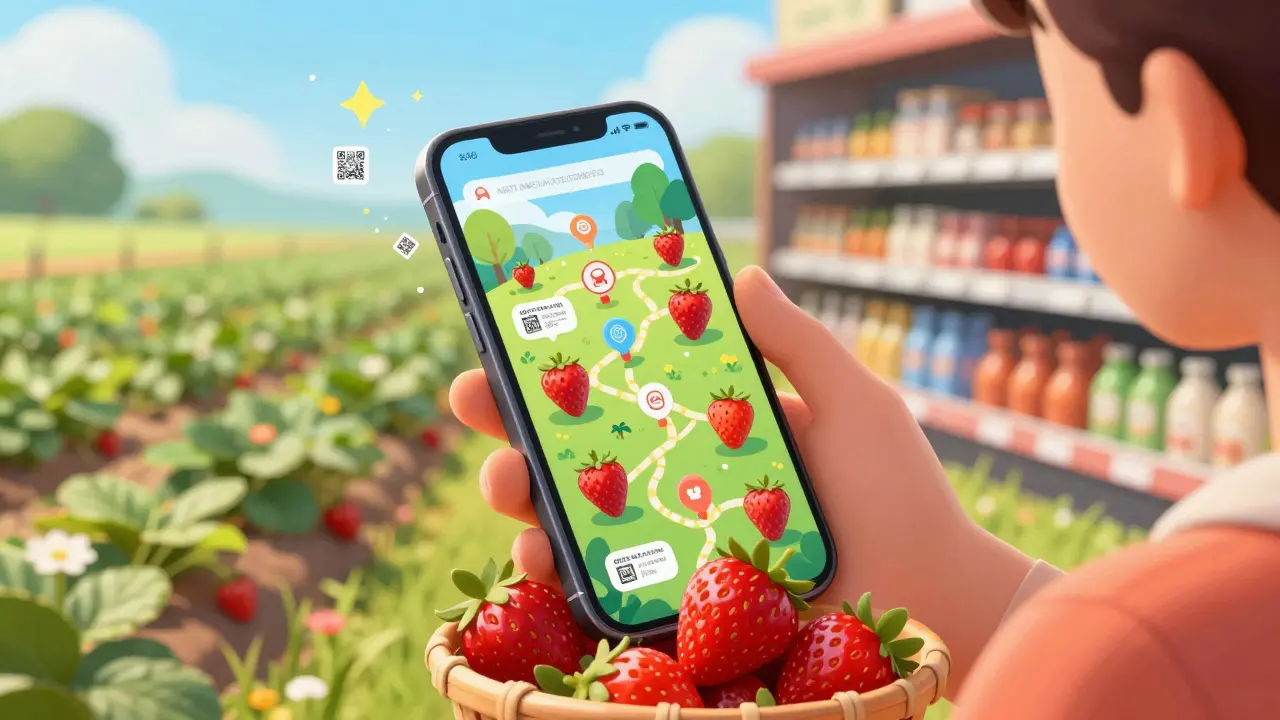 A person scanning strawberries with a phone displaying a colorful digital traceability map.