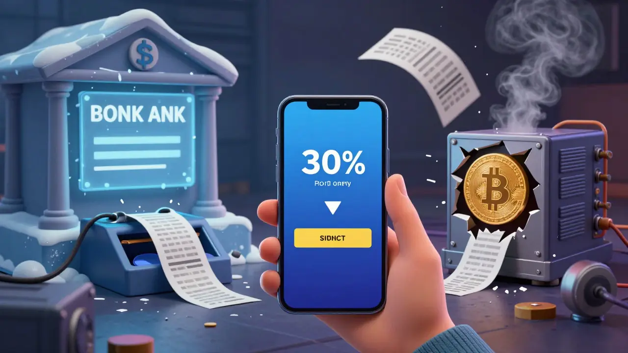A person stares at a crypto wallet crash, surrounded by frozen bank signs and broken transfer machines.