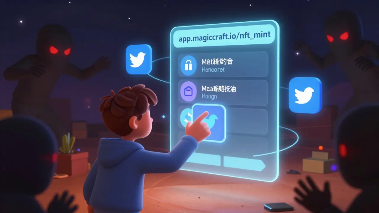 A player minting an NFT with a holographic portal, surrounded by task icons as scam figures lurk nearby.