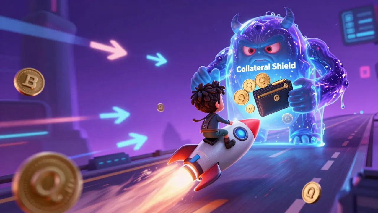 A rocket made of QTO tokens escaping a liquidation monster on a neon blockchain highway, Pixar animation style.