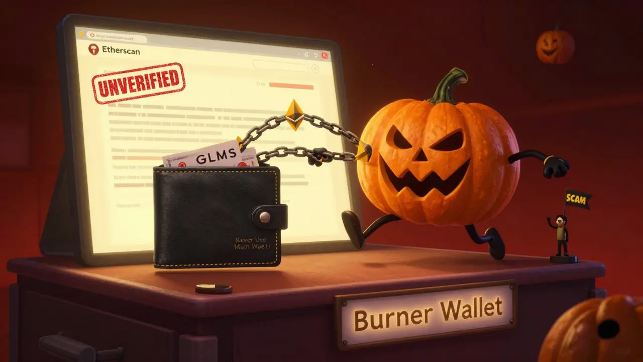 A running wallet escaping a pumpkin-shaped scam contract, jumping to a safe burner wallet platform.