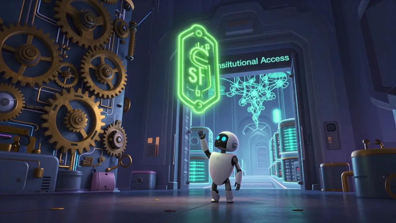 A small robot reaching for a glowing SFI token above a massive AI infrastructure machine with an opening institutional gateway.