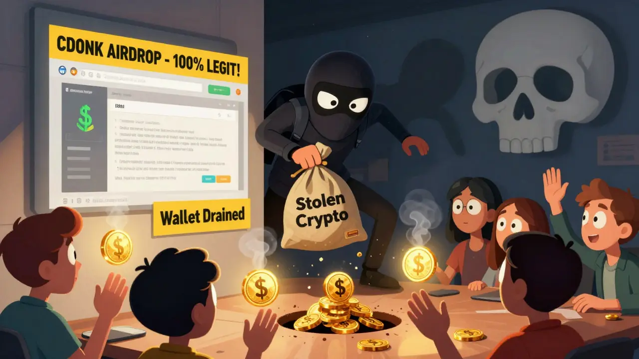 A sneaky scammer in a fake CoinMarketCap mask dropping stolen crypto into a dark hole while users reach for disappearing tokens.