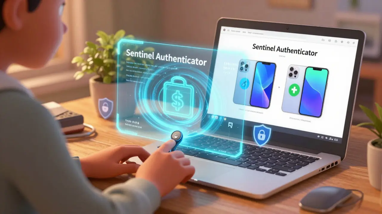 A user authenticates with a YubiKey while Sentinel and Authy sync securely across devices in a warm home office.