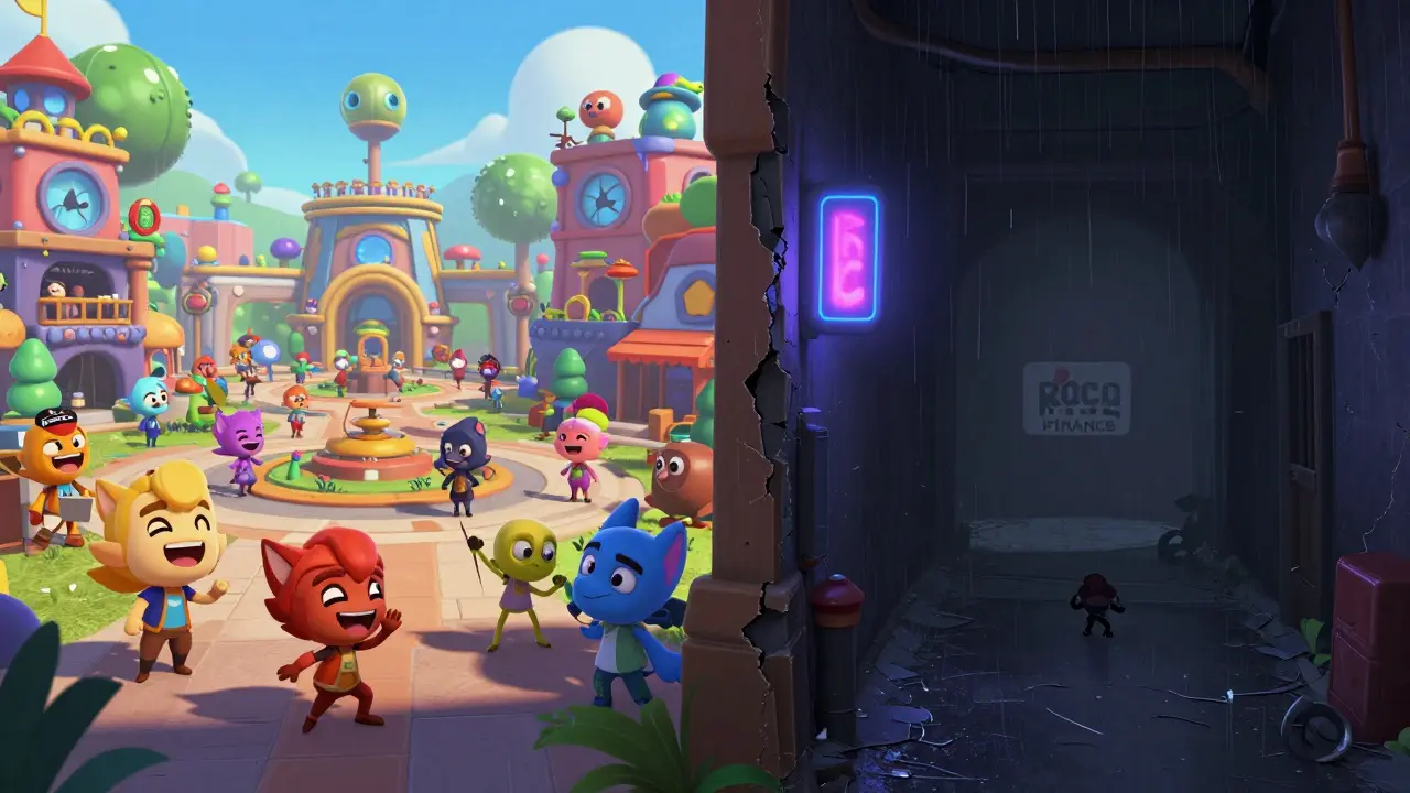 A vibrant game hub contrasts with a dark, empty alley where a forgotten ROCO logo fades away.