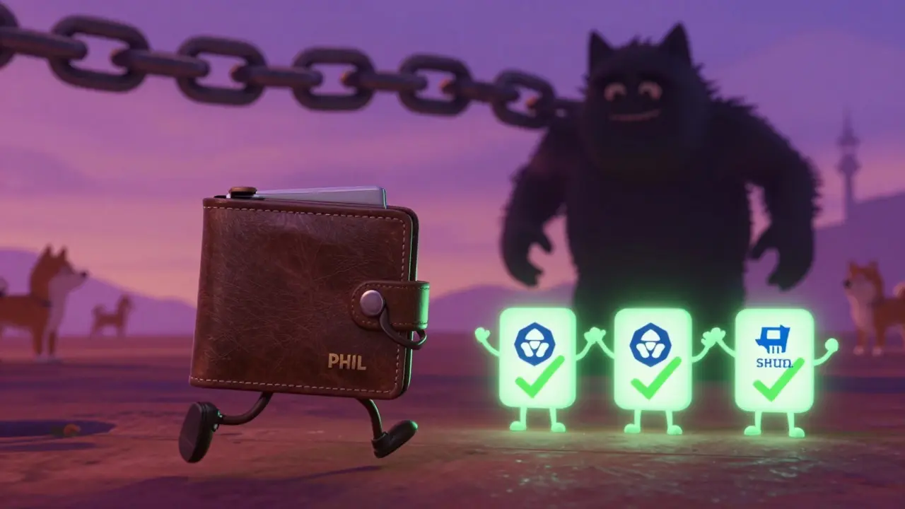 A wallet escaping a BSC chain monster as three verified airdrop mascots cheer it on in a digital world.