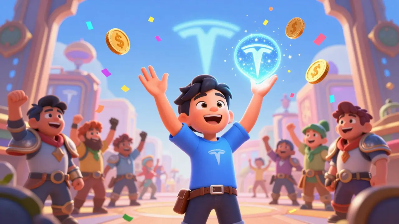 A winner holding an NFT that transforms into a Tesla emblem, cheered on by a crowd of fantasy players.