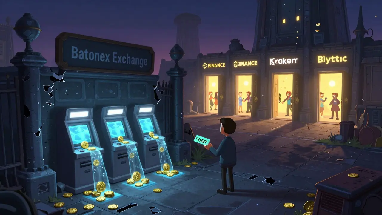 An abandoned crypto exchange with frozen coins, while safer exchanges glow in the distance.