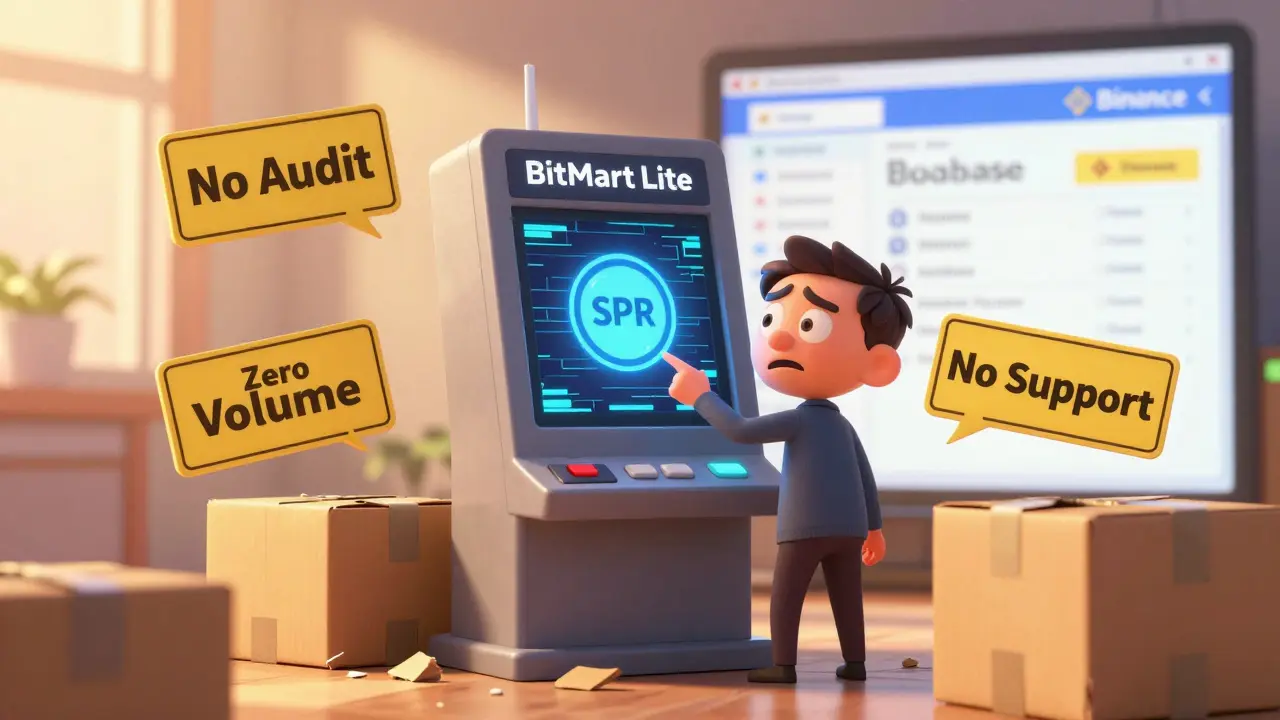 An investor struggling to trade a SPR token on a broken kiosk while safe exchanges glow in the distance.