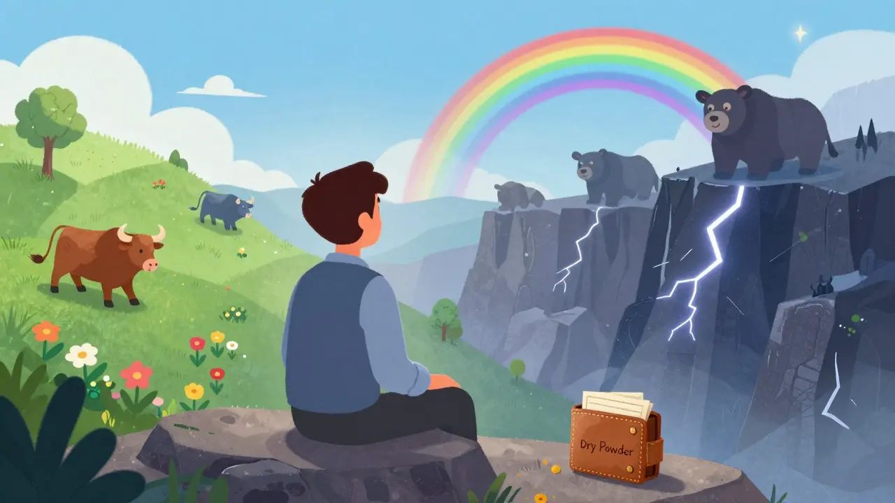 An investor watching both bull and bear markets with a rainbow forming over the recovery.