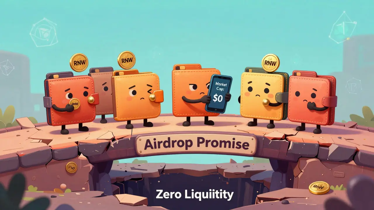 Cartoon wallets stand on a crumbling bridge over a pit labeled 'Zero Liquidity', holding worthless RNBW tokens.