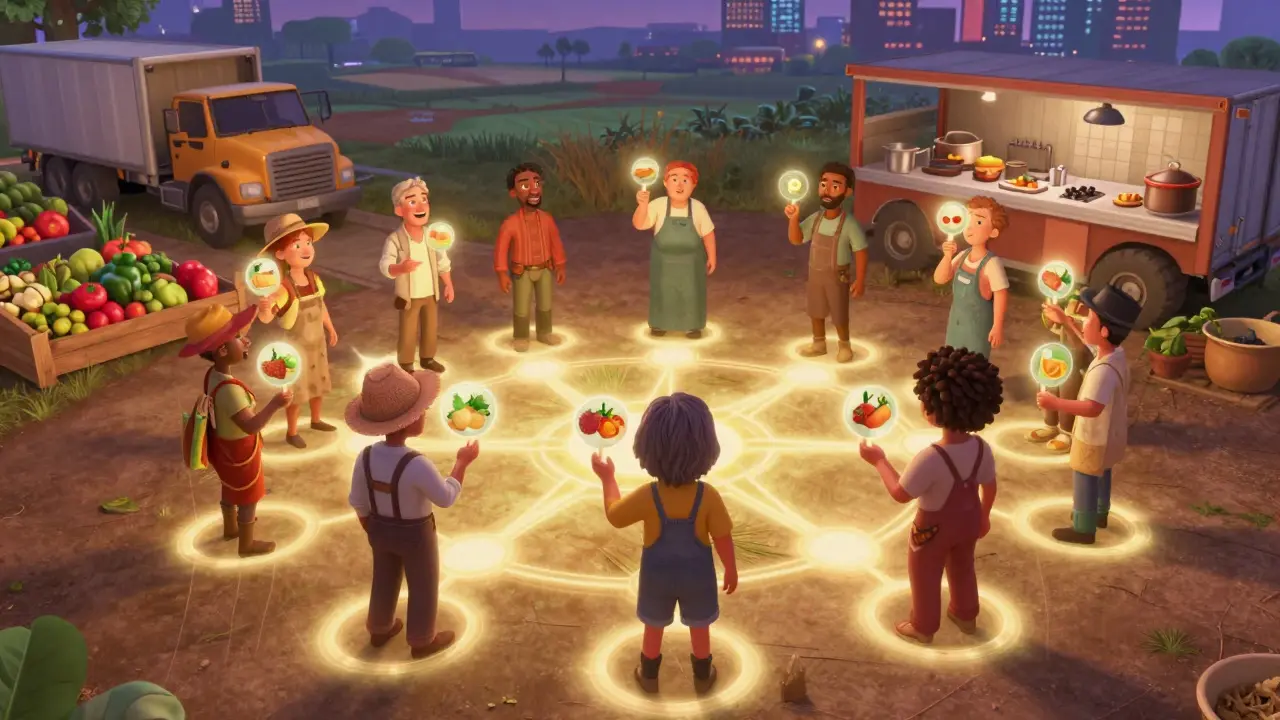 Diverse people connected by glowing NFT tokens forming a blockchain chain from farm to table.