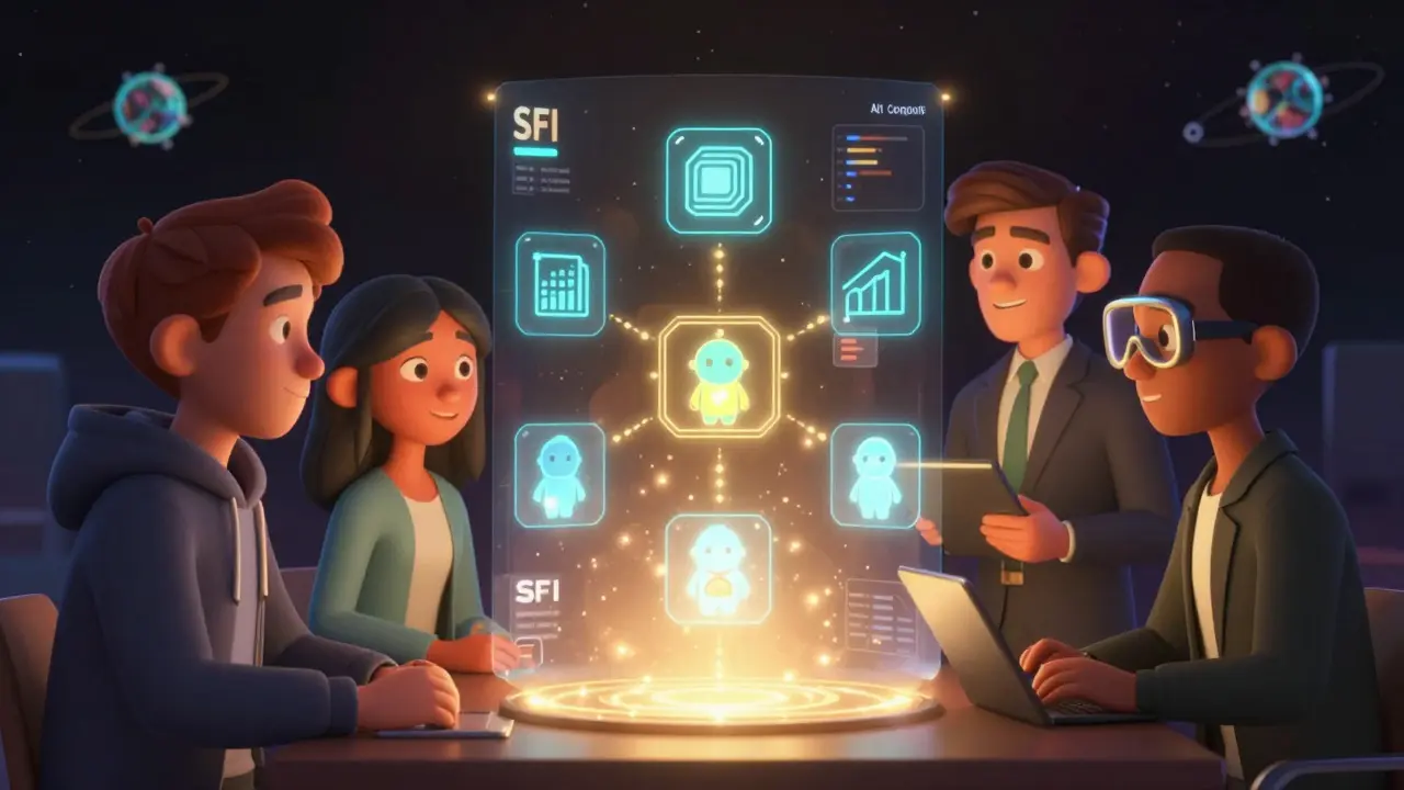 Diverse users interacting with a holographic SFI dashboard showing AI assets being tokenized in a futuristic setting.