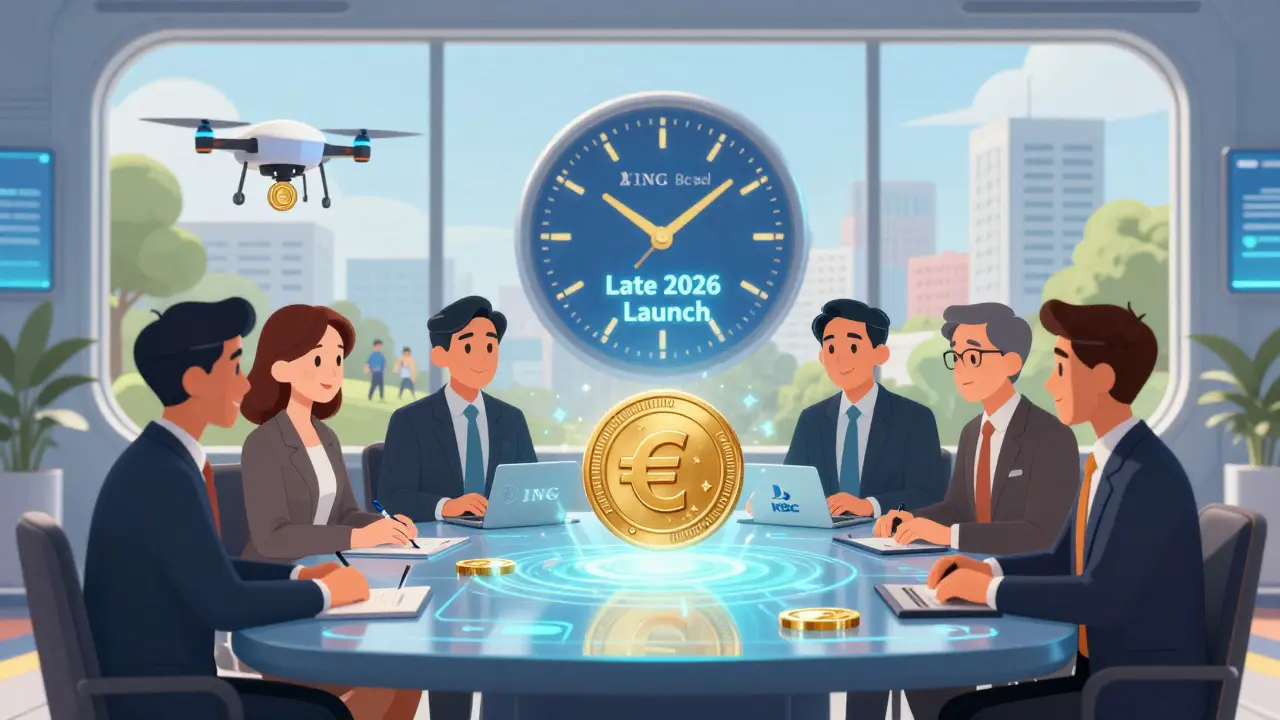European bankers building a glowing EuroCoin token with a digital clock counting to 2026.