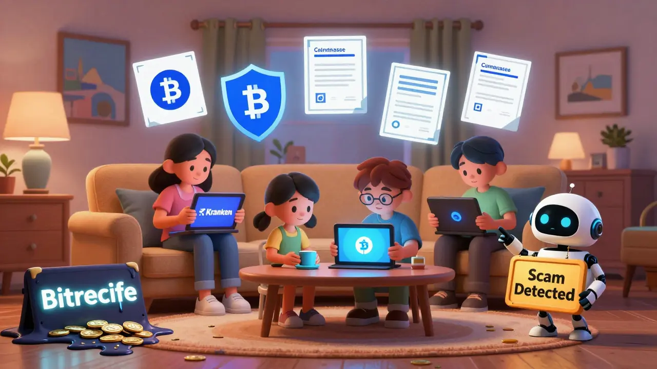Family safely using trusted crypto platforms while a melting 'Bitrecife' sign drips into stolen coins in the corner.