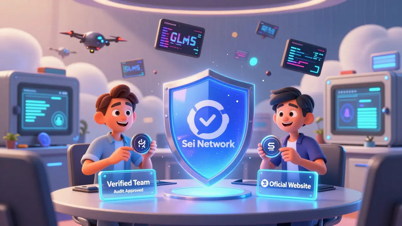 Happy users safely claiming verified airdrops surrounded by trust badges, while scam websites fly away.