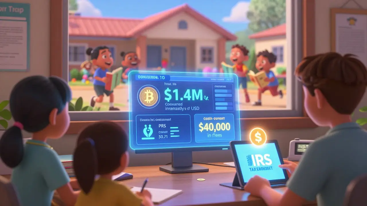 Nonprofit team celebrates a blockchain dashboard showing crypto donations converted to USD with funds building a school.