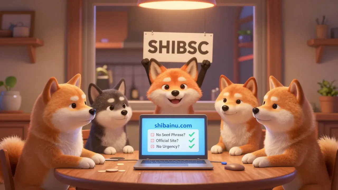 Shiba Inu dogs review an airdrop checklist on a laptop while a sneaky fox tries to spy through the window.