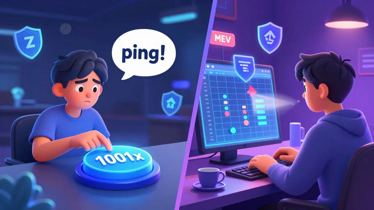 Split-screen of a beginner using simple one-click trading and an advanced trader using grid bots with hidden order shields.