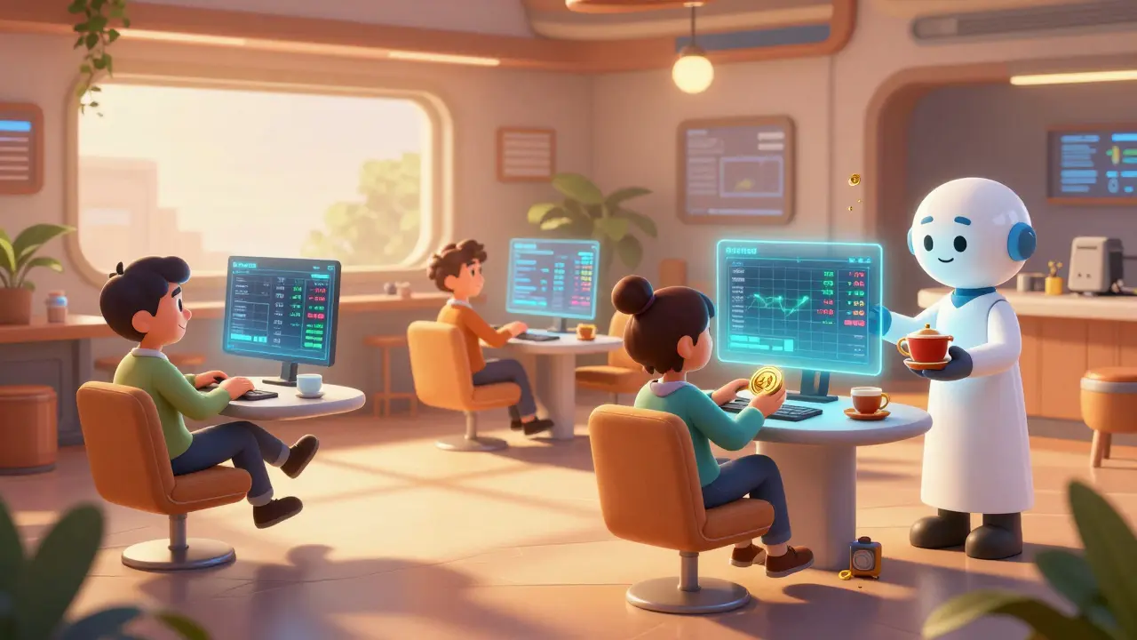 Traders relaxing in a futuristic lounge with holographic charts and a QTO-headed AI assistant, Pixar style.