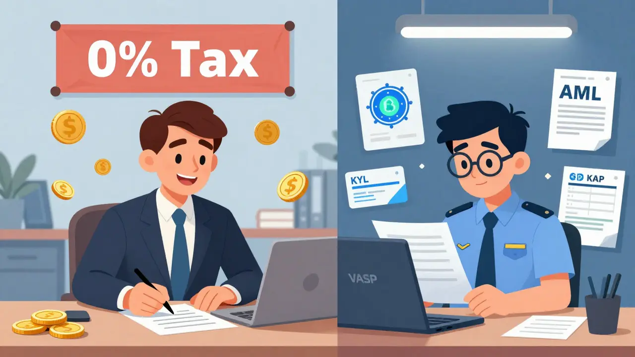 Two contrasting scenes: a tax-free business registration and a compliance officer reviewing crypto regulations.