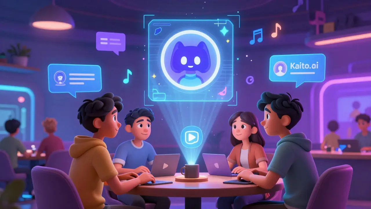 Users in a futuristic lounge interact with floating Howlcity NFTs, engaging with Lens, Kaito, and Zora platforms.