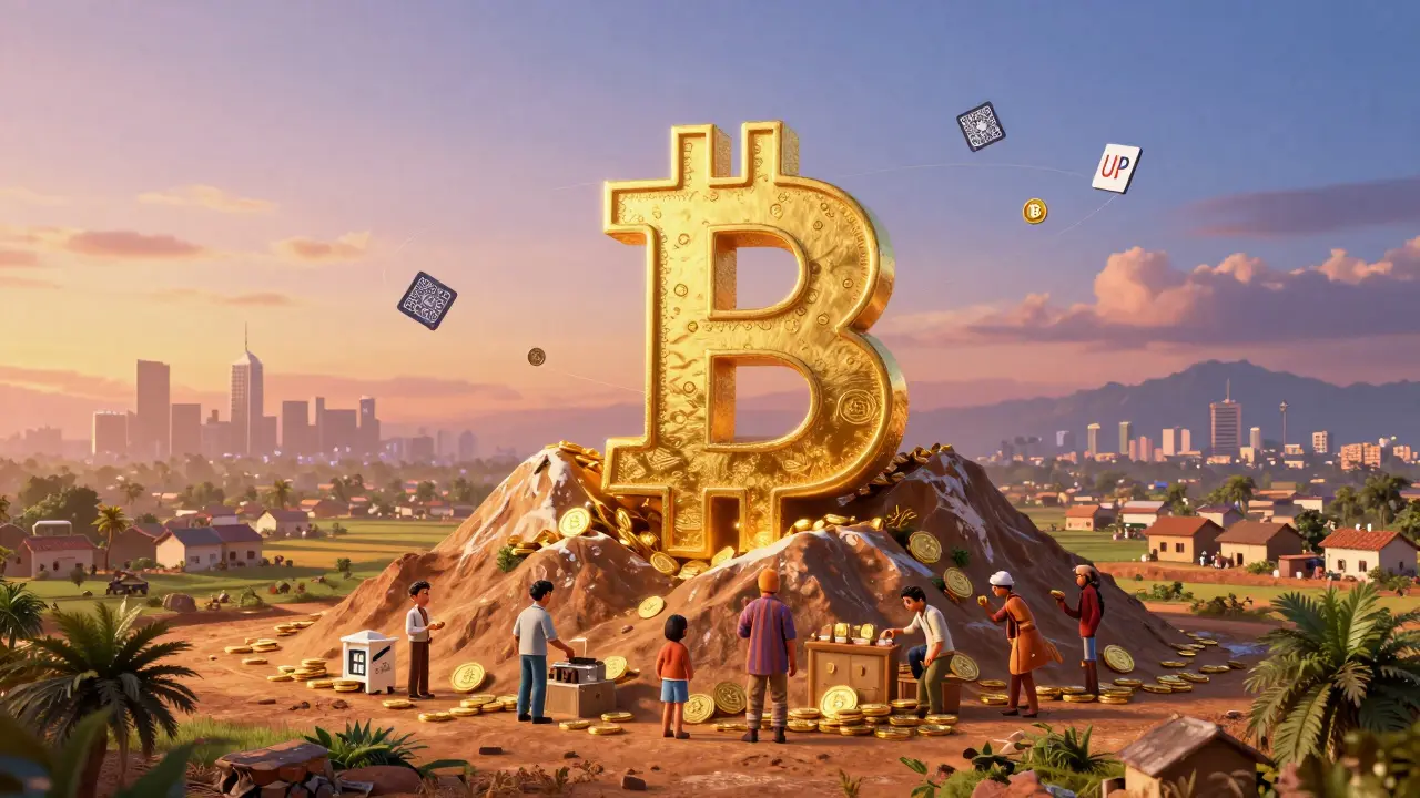 A Bitcoin-shaped mountain in India being filled with coins by people from all walks of life, symbolizing national crypto adoption.