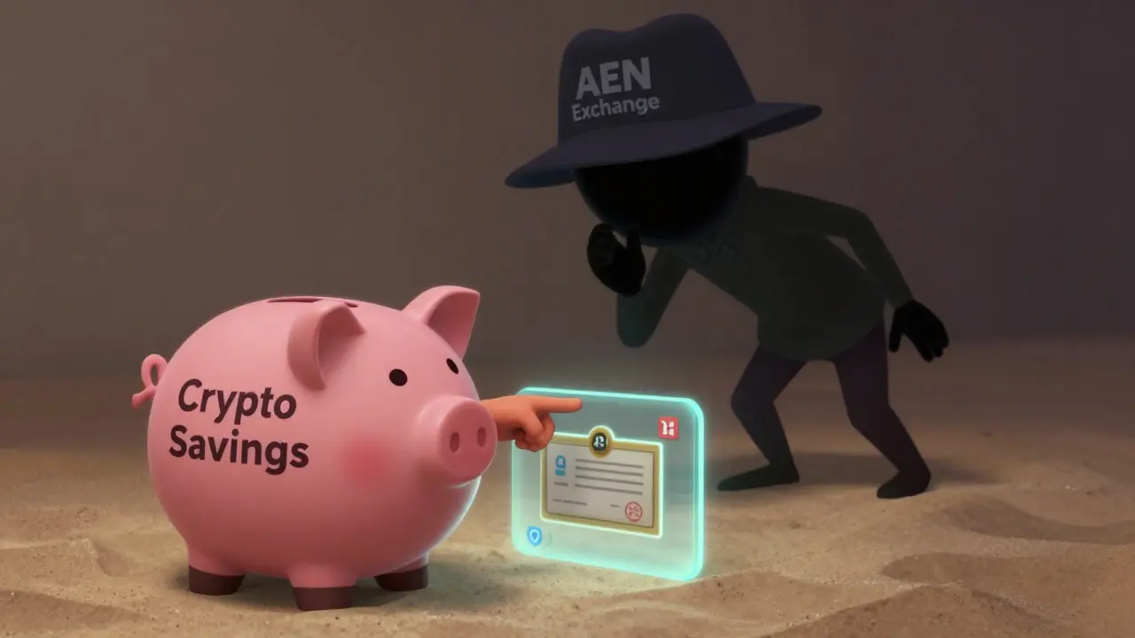 A child pointing to a certified, well-lit crypto exchange while a faceless figure whispers into nothing beside a sign reading 'AEN Exchange'.