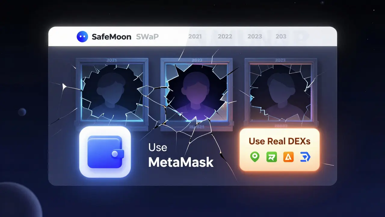 A crumbling SafeMoon SWaP website with ghostly users, contrasted by a bright modern wallet icon.