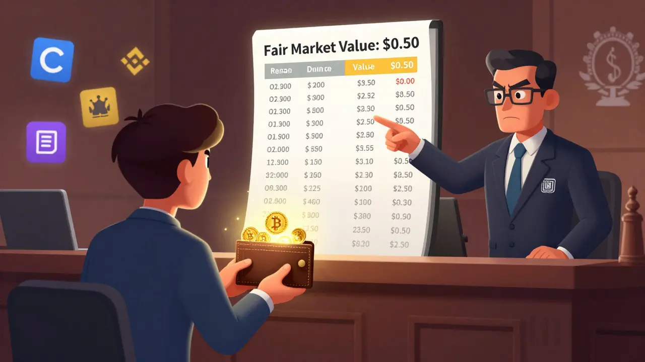 A crypto user in court faces an IRS agent pointing to a blockchain ledger showing taxable airdrop value.