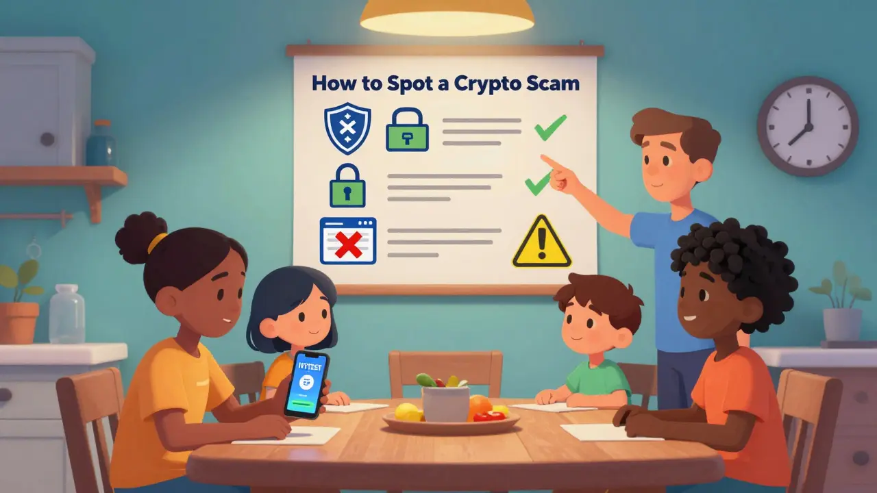 A family at a kitchen table learning to spot crypto scams, with a safety guide poster on the wall.