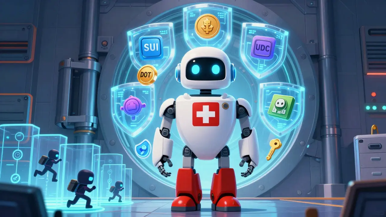 A friendly robot guard protects a high-tech crypto vault with glowing security layers while hackers bounce off a force field.