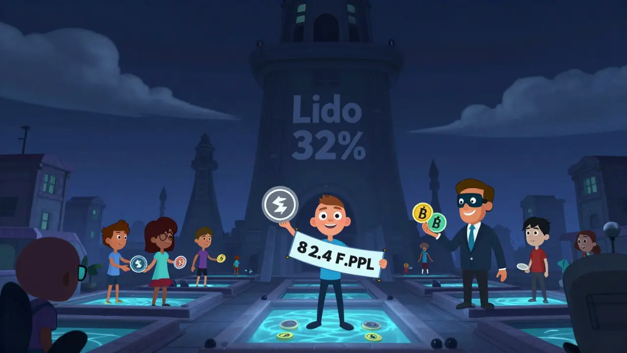 A giant central staking tower dominates a small decentralized village, with one user resisting.