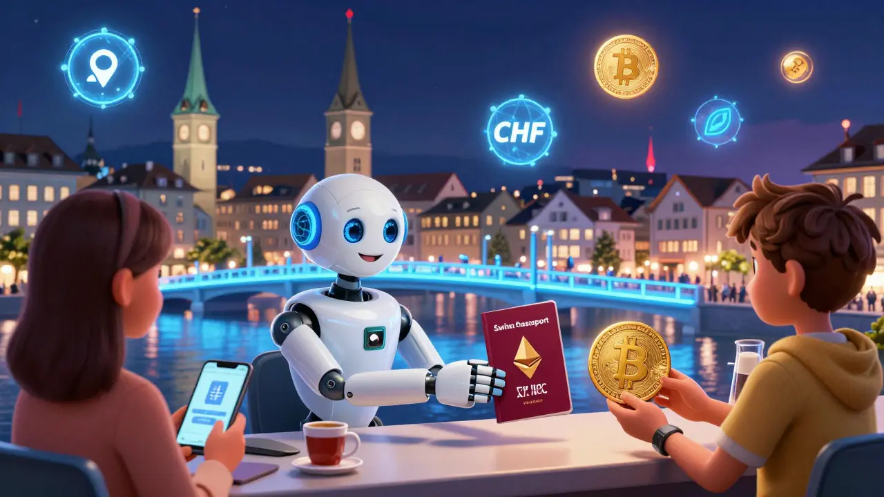 A glowing Swiss cityscape where people use apps to stake crypto and pay with stablecoins, symbolizing seamless banking integration.