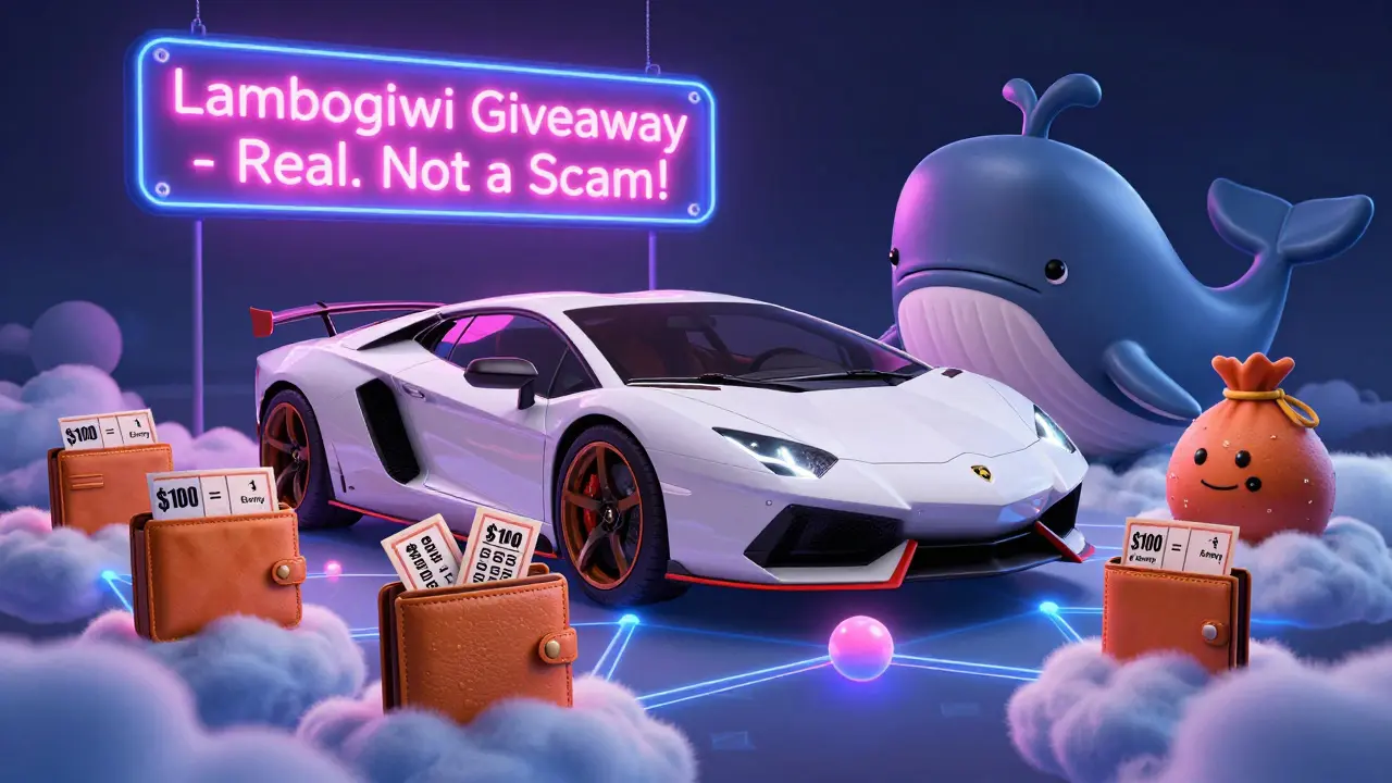 A Lamborghini sits on blockchain clouds as wallets hold entry tickets, showing Thoreum's real loyalty contest.