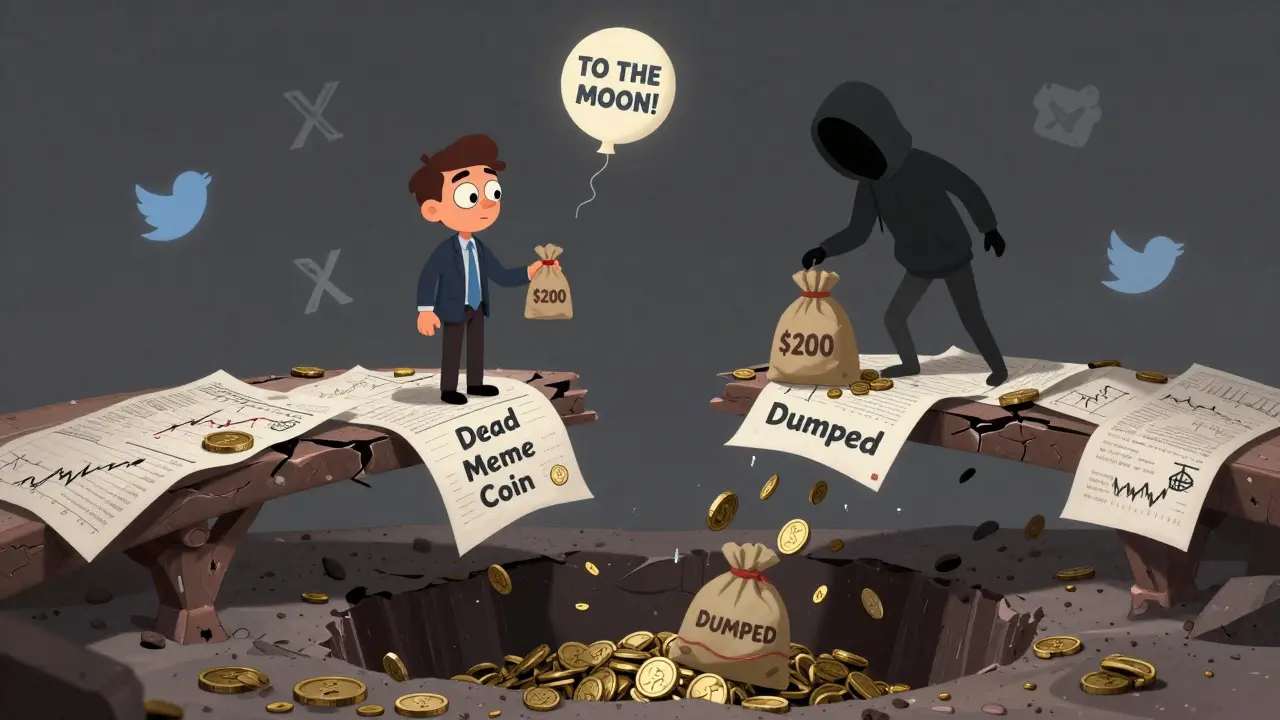 A lonely investor on a crumbling trading chart bridge, watching a shadowy figure dump tokens into a void.