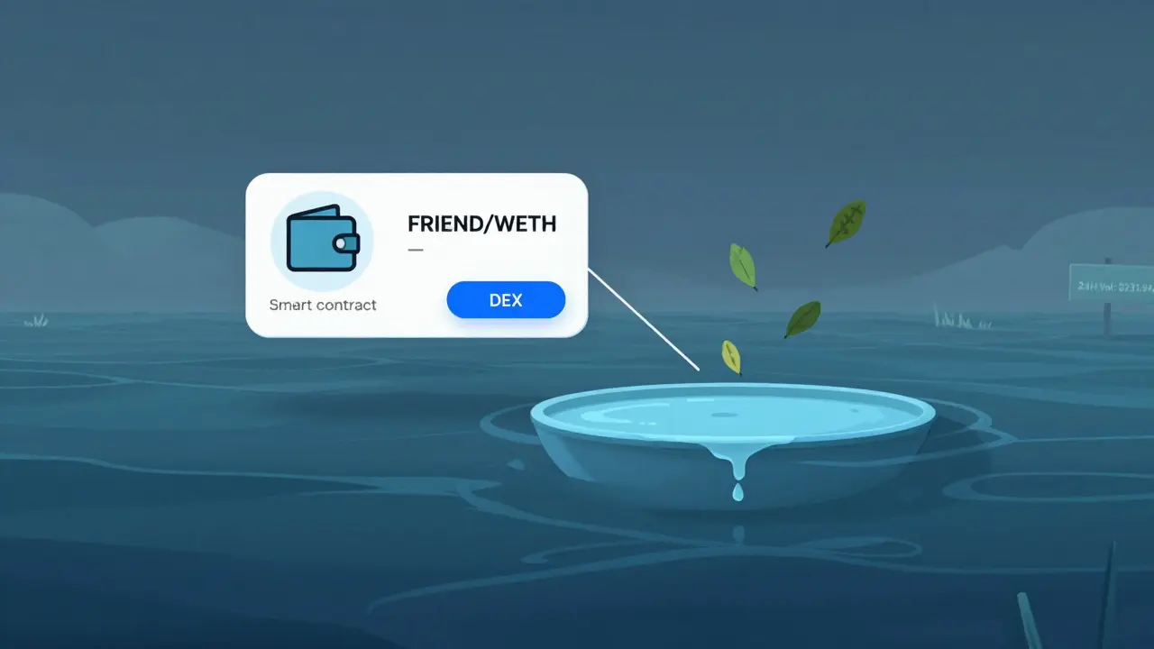 A minimalist DEX interface shows only one trading pair with a nearly empty liquidity pool and a tiny volume reading.