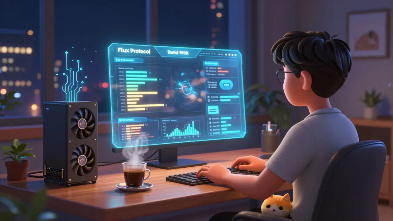 A person at home earning FLUX tokens by contributing GPU power to AI tasks, with a cat nearby and holographic dashboard glowing.