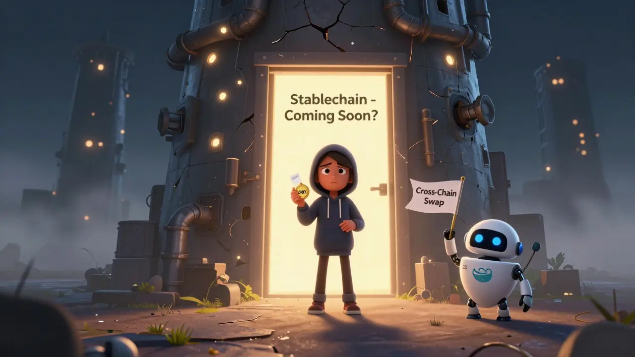 A person holding a UNFI token facing a mysterious 'Stablechain' door, with a half-built blockchain tower in the background.